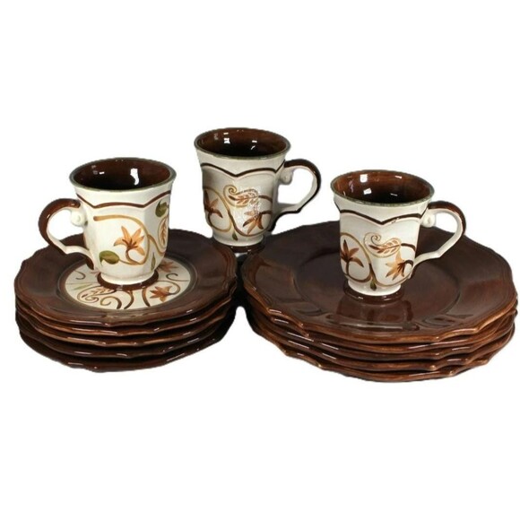 Cremeiux St Remy Dinnerware Set: Embossed Rustic Brown Earthenware 13 pcs RARE - Picture 1 of 10